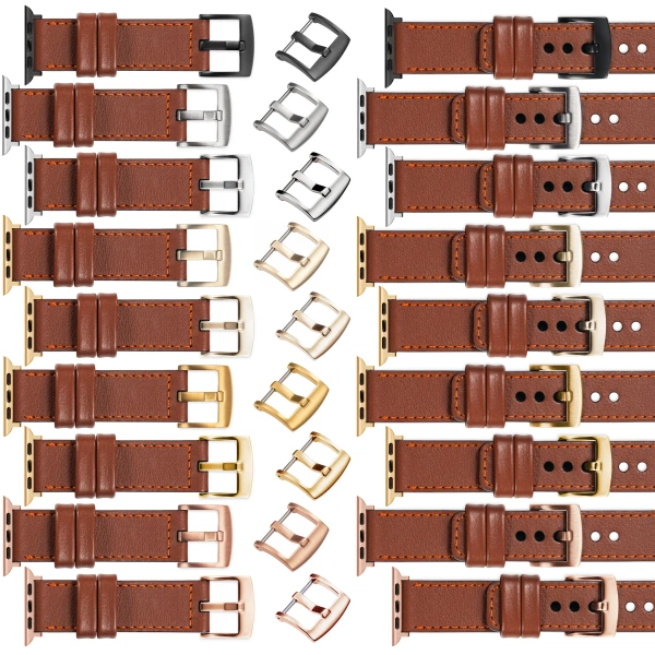 moVear Prestige C1 Skórzany pasek 24mm do Apple Watch 10 / 9 / 8 / 7 / 6 / 5 / 4 / SE (46/45/44mm) & Ultra (49mm) | Brązowy, ciemnopomarańczowe przeszycie [rozmiary XS-XXL i klamra do wyboru]