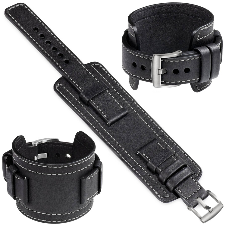 moVear Prestige CW1 Szeroki skórzany pasek 22mm do Samsung Galaxy Watch 3 (45mm) / Watch (46mm) / Gear S3 | Czarny, białe przeszycie [rozmiary XS-XXL i klamra do wyboru]