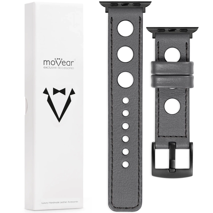 moVear Prestige R1 Skórzany pasek 22mm do Apple Watch 10 / 9 / 8 / 7 / 6 / 5 / 4 / SE (46/45/44mm) & Ultra (49mm) | Szary, czarne przeszycie [rozmiary XS-XXL i klamra do wyboru]