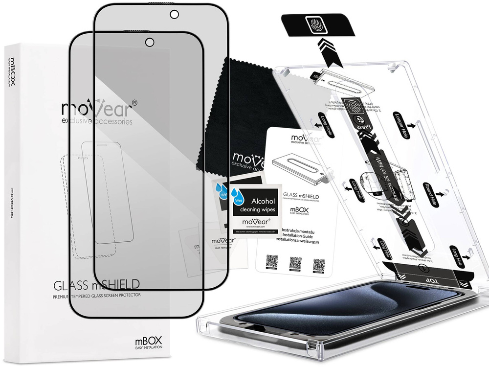 2 szt. | moVear mBOX GLASS mSHIELD 2.5D MAX privacy do Apple iPhone 15 Pro Max (6.7") (Anty spy, z Aplikatorem)