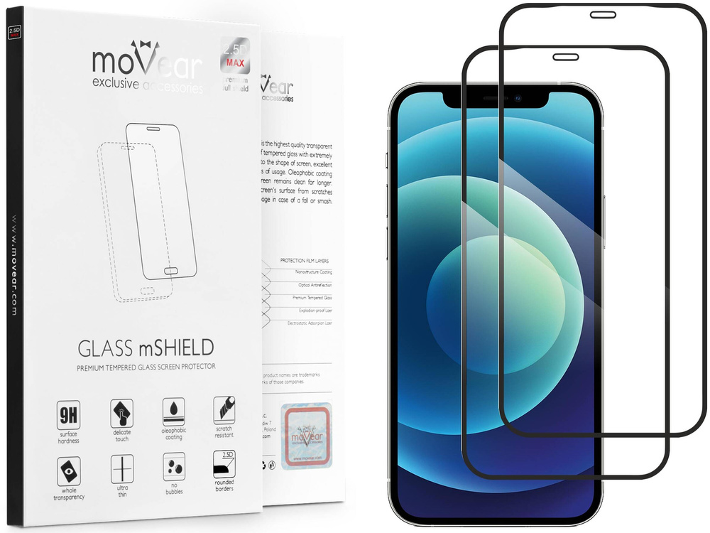 2 szt. | moVear GLASS mSHIELD 2.5D MAX do Apple iPhone 12 Pro / 12 (6.1") (kompatybilne z etui)