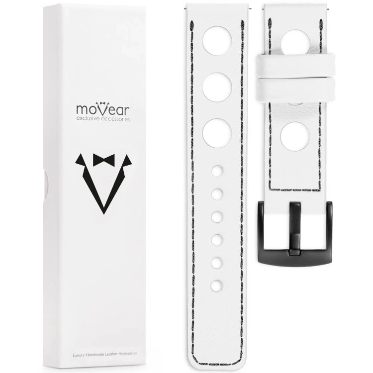 moVear Prestige R1 Skórzany pasek 22mm do zegarka | Biały, czarne przeszycie [rozmiary XS-XXL i klamra do wyboru]