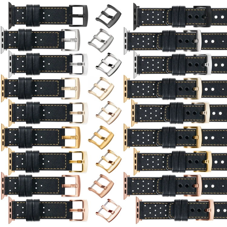 moVear Prestige R2 Skórzany pasek 22mm do Apple Watch 10 / 9 / 8 / 7 / 6 / 5 / 4 / SE (46/45/44mm) & Ultra (49mm) | Czarny, złote przeszycie [rozmiary XS-XXL i klamra do wyboru]