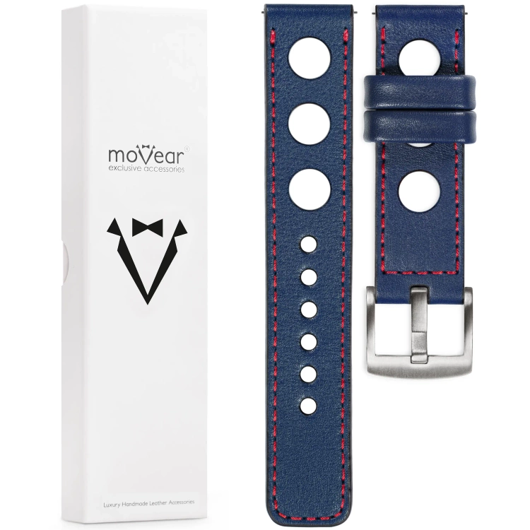 moVear Prestige R1 Skórzany pasek 22mm do Huawei Watch 5 4 3 2 1 - GT / Pro / Ultimate (48/46mm) | Granatowy, czerwone przeszycie [rozmiary XS-XXL i klamra do wyboru]