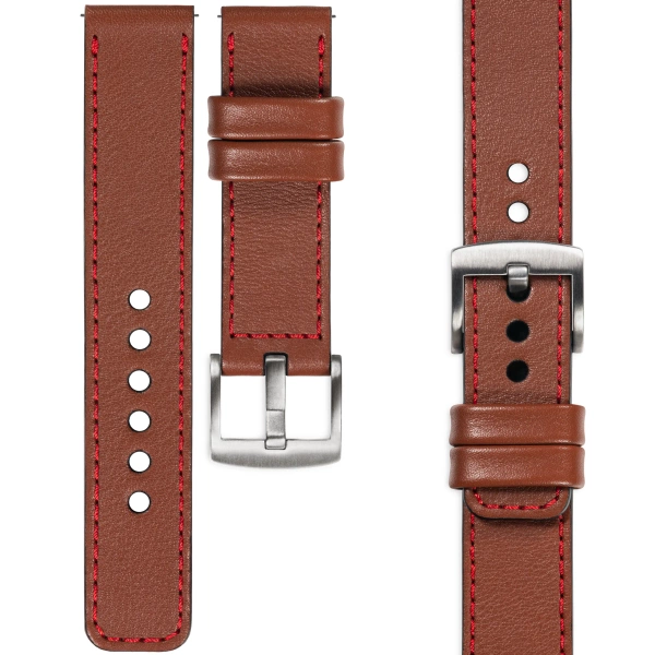 moVear Prestige C1 Skórzany pasek 20mm do Huawei Watch GT 3 2 1 / Pro (43/42mm) | Brązowy, czerwone przeszycie [rozmiary XS-XXL i klamra do wyboru]