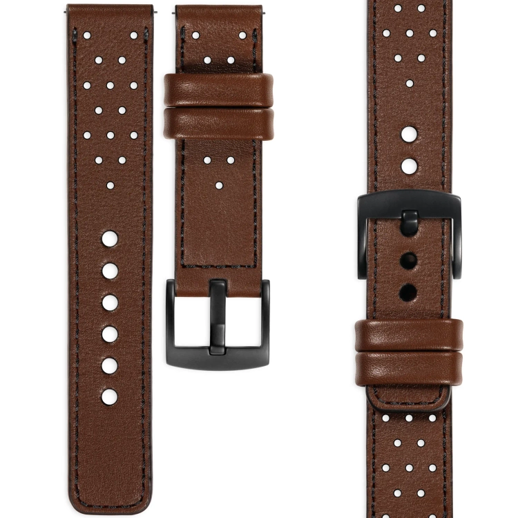 moVear Prestige R2 Skórzany pasek 20mm do Samsung Galaxy Watch 7 / 6 / 5 / 4 / 3 & Pro / FE / Classic / Active | Ciemnobrązowy, czarne przeszycie [rozmiary XS-XXL i klamra do wyboru]