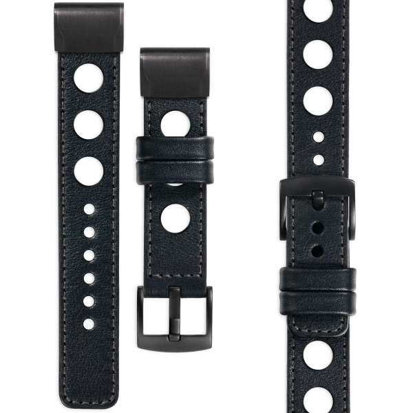 moVear Prestige R1 Skórzany pasek do Garmin QuickFit 22mm (Fenix / Forerunner / Epix / Instinct / Enduro / Quatix / MARQ - 47/45mm) | Czarny, grafitowe przeszycie [rozmiary XS-XXL i klamra do wyboru]