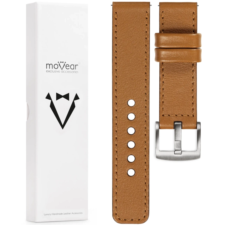 moVear Prestige C1 Skórzany pasek 20mm do Samsung Galaxy Watch 7 / 6 / 5 / 4 / 3 & Pro / FE / Classic / Active | Jasnobrązowy, jasnobrązowe przeszycie [rozmiary XS-XXL i klamra do wyboru]