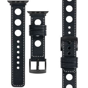 moVear Prestige R1 Skórzany pasek 20mm do Apple Watch 8 / 7 / 6 / 5 / 4 / SE (41/40mm) | Czarny, srebrne przeszycie [rozmiar i klamra do wyboru]