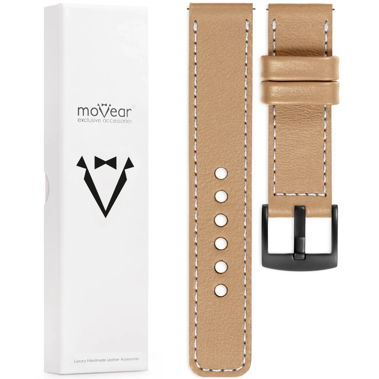moVear Prestige C1 Skórzany pasek 22mm do Huawei Watch 5 4 3 2 1 - GT / Pro / Ultimate (48/46mm) | Cappuccino, białe przeszycie [rozmiary XS-XXL i klamra do wyboru]
