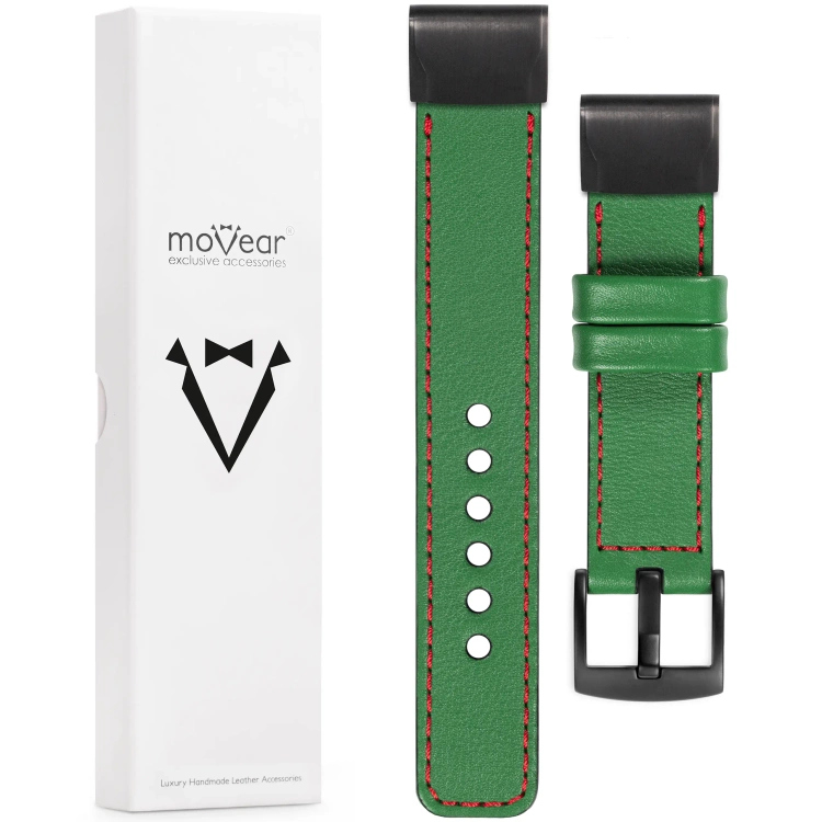 moVear Prestige C1 Skórzany pasek do Garmin QuickFit 22mm (Fenix / Forerunner / Epix / Instinct / Enduro / Quatix / MARQ - 47/45mm) | Zielony, czerwone przeszycie [rozmiary XS-XXL i klamra do wyboru]