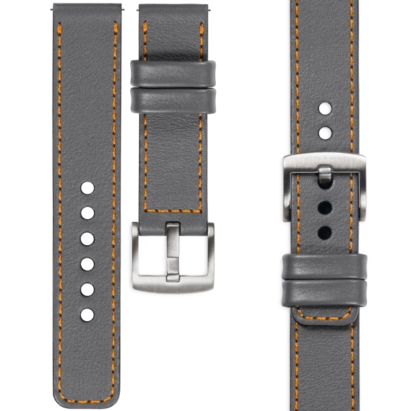 moVear Prestige C1 Skórzany pasek 22mm do zegarka | Szary, pomarańczowe przeszycie [rozmiary XS-XXL i klamra do wyboru]
