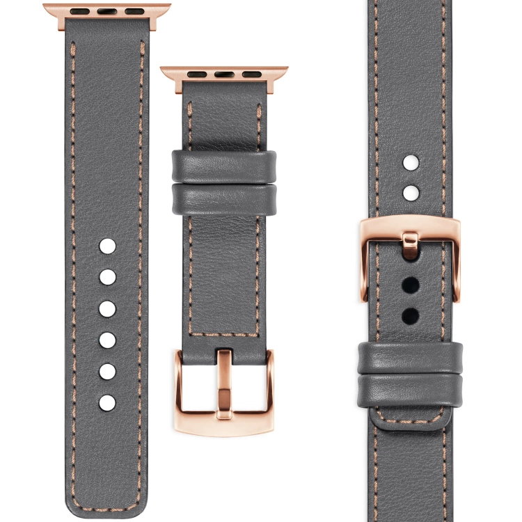 moVear Prestige C1 Skórzany pasek 20mm do Apple Watch 10 / 9 / 8 / 7 / 6 / 5 / 4 / SE (42/41/40mm) | Szary, różowe złoto przeszycie [rozmiary XS-XXL i klamra do wyboru]