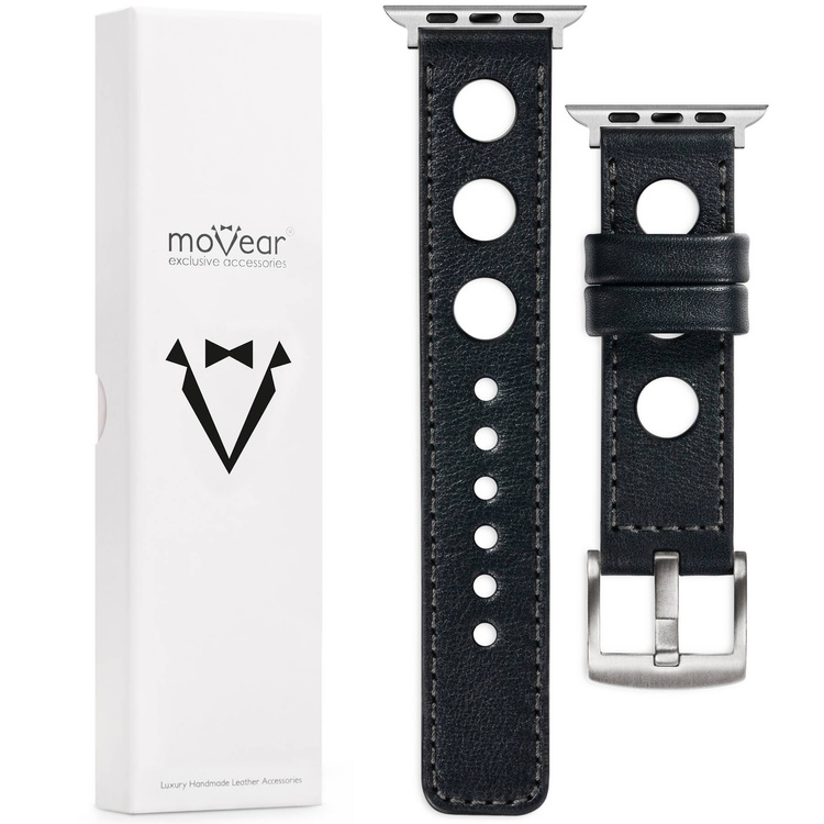 moVear Prestige R1 Skórzany pasek 20mm do Apple Watch 8 / 7 / 6 / 5 / 4 / SE (45/44mm) & Ultra (49mm) | Czarny, grafitowe przeszycie [rozmiar i klamra do wyboru]