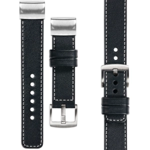 moVear Prestige C1 Skórzany pasek do Garmin QuickFit 22mm (Fenix / Forerunner / Epix / Instinct / Enduro / Quatix / MARQ - 47/45mm) | Czarny, białe przeszycie [rozmiary XS-XXL i klamra do wyboru]
