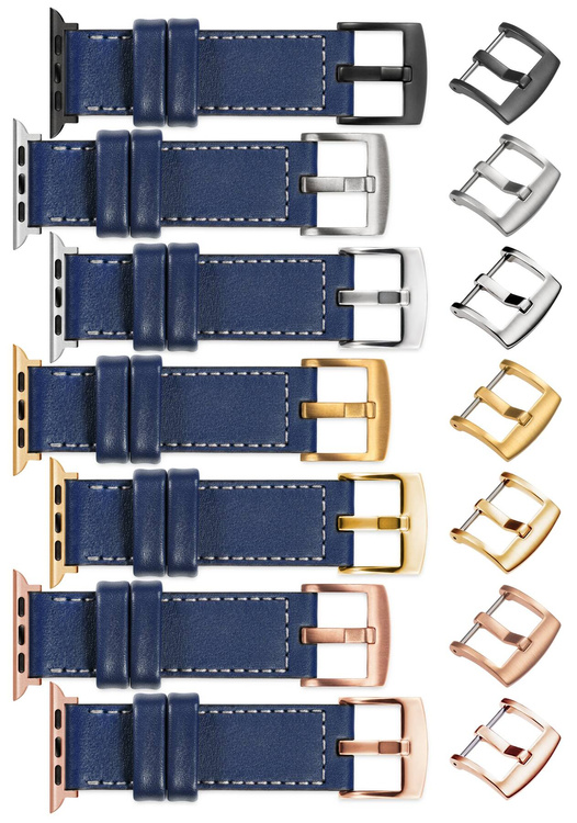 moVear Prestige CW1 Szeroki skórzany pasek 20mm do Apple Watch 10 / 9 / 8 / 7 / 6 / 5 / 4 / SE (42/41/40mm) | Granatowy, białe przeszycie [rozmiary XS-XXL i klamra do wyboru]