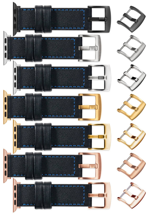 moVear Prestige CW1 Szeroki skórzany pasek 22mm do Apple Watch 10 / 9 / 8 / 7 / 6 / 5 / 4 / SE (46/45/44mm) & Ultra (49mm) | Czarny, niebieskie przeszycie [rozmiary XS-XXL i klamra do wyboru]