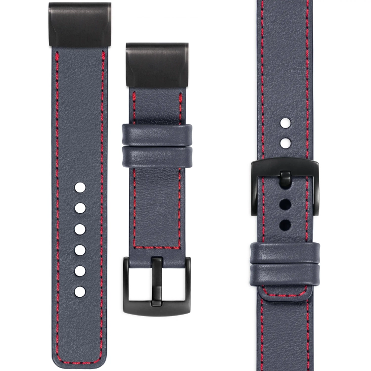 moVear Prestige C1 Skórzany pasek do Garmin QuickFit 22mm (Fenix / Forerunner / Epix / Instinct / Enduro / Quatix / MARQ - 47/45mm) | Szary stalowy, czerwone przeszycie [rozmiary XS-XXL i klamra do wyboru]