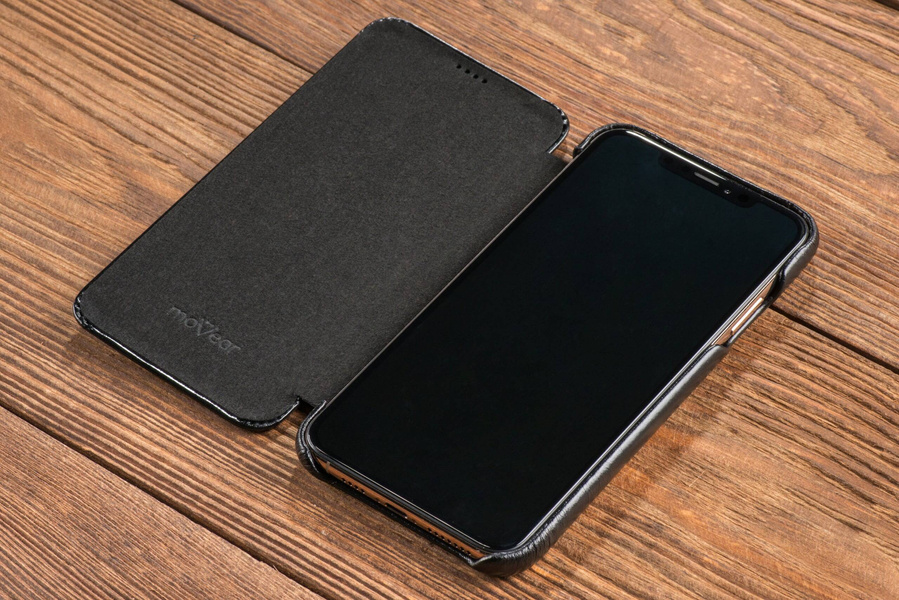 moVear flipSide S skórzane etui do Apple iPhone Xs MAX (6.5") | Skóra naturalna vintage (Czarna)