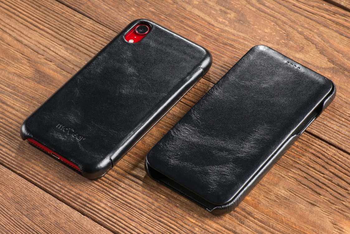 moVear flipSide S skórzane etui do Apple iPhone Xr (6.1") | Skóra naturalna vintage (Czarna)