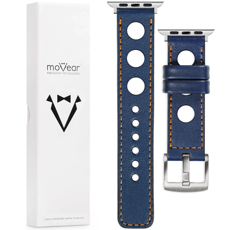 moVear Prestige R1 Skórzany pasek 22mm do Apple Watch 10 / 9 / 8 / 7 / 6 / 5 / 4 / SE (42/41/40mm) | Granatowy, pomarańczowe przeszycie [rozmiary XS-XXL i klamra do wyboru]