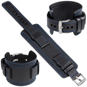 moVear Prestige CW1 Szeroki skórzany pasek 22mm do zegarka | Czarny, niebieskie przeszycie [rozmiary XS-XXL i klamra do wyboru]