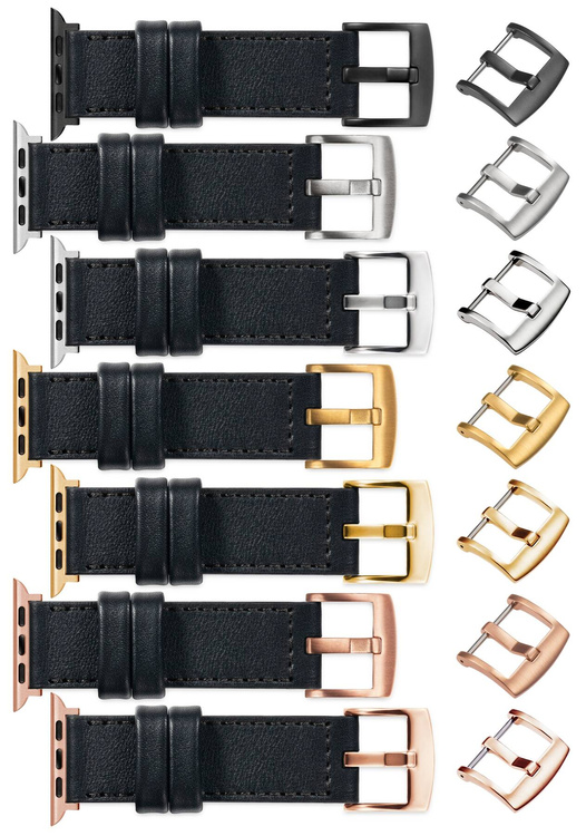 moVear Prestige CW1 Szeroki skórzany pasek 24mm do Apple Watch 10 / 9 / 8 / 7 / 6 / 5 / 4 / SE (46/45/44mm) & Ultra (49mm) | Czarny, czarne przeszycie [rozmiary XS-XXL i klamra do wyboru]