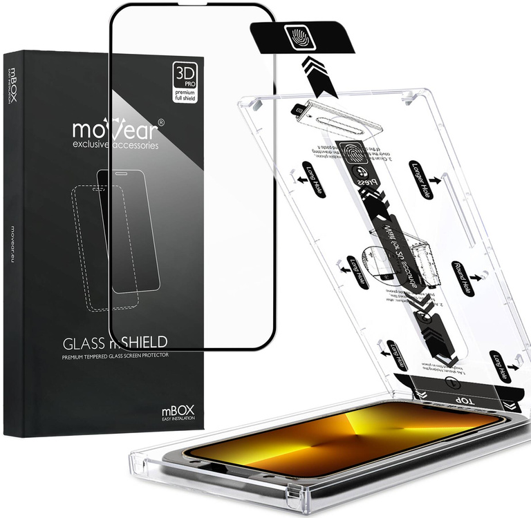 moVear mBOX GLASS mSHIELD 3D PRO do Apple iPhone 16e / 14 / 13 / 13 Pro (6.1") (łatwy montaż)