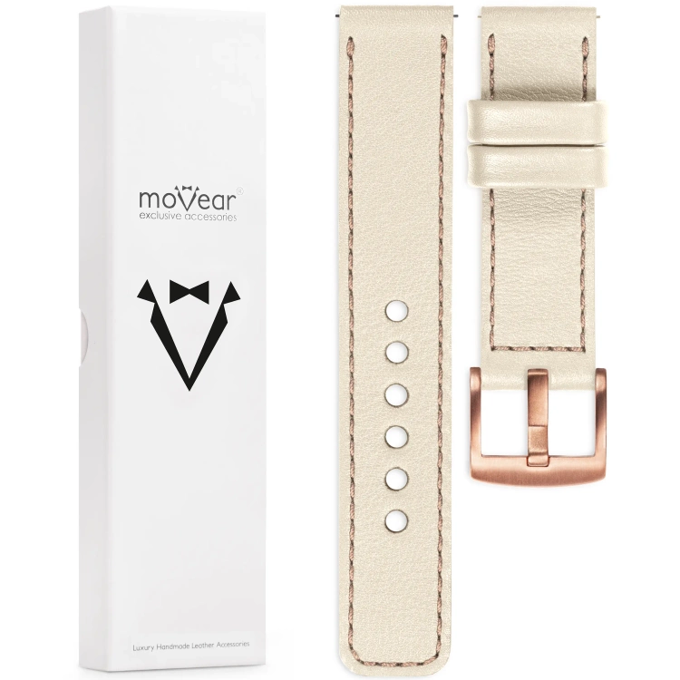 moVear Prestige C1 Skórzany pasek 18mm do Garmin Vivoactive 4S, Venu 3S/2S, Vívomove 3S | Beżowy, różowe złoto przeszycie [rozmiary XS-XXL i klamra do wyboru]
