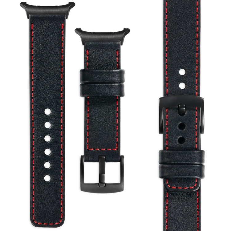 moVear Prestige C1 Skórzany pasek 24mm do Samsung Galaxy Watch Ultra | Czarny, czerwone przeszycie [rozmiary XS-XXL i klamra do wyboru]