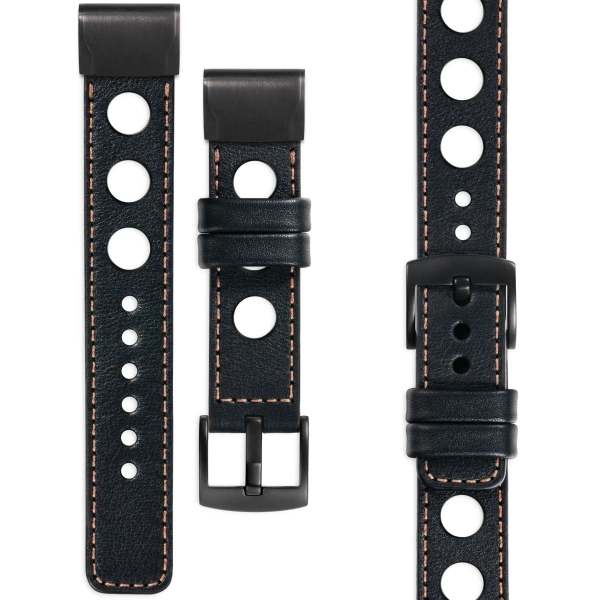 moVear Prestige R1 Skórzany pasek do Garmin QuickFit 26mm (Fenix / Epix / Quatix / Tactix / Enduro - 51mm) | Czarny, różowe złoto przeszycie [rozmiary XS-XXL i klamra do wyboru]