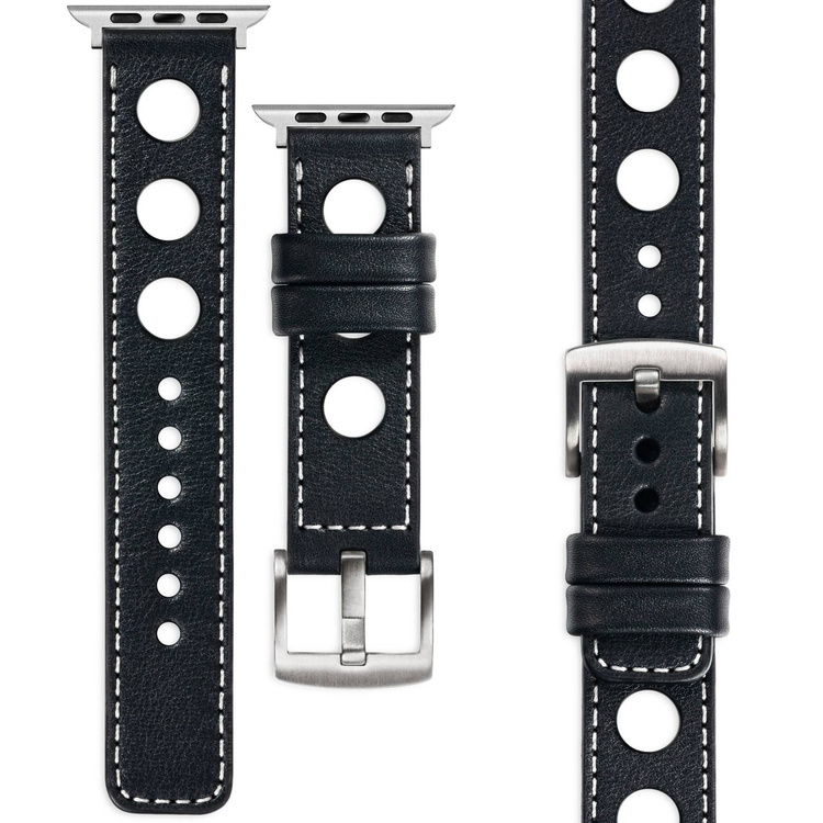 moVear Prestige R1 Skórzany pasek 20mm do Apple Watch 8 / 7 / 6 / 5 / 4 / SE (41/40mm) | Czarny, białe przeszycie [rozmiar i klamra do wyboru]