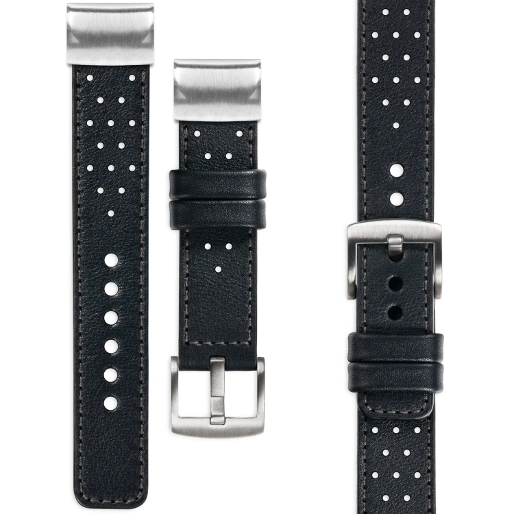 moVear Prestige R2 Skórzany pasek do Garmin QuickFit 20mm (Fenix / Instinct - 43/42/40mm) | Czarny, grafitowe przeszycie [rozmiary XS-XXL i klamra do wyboru]