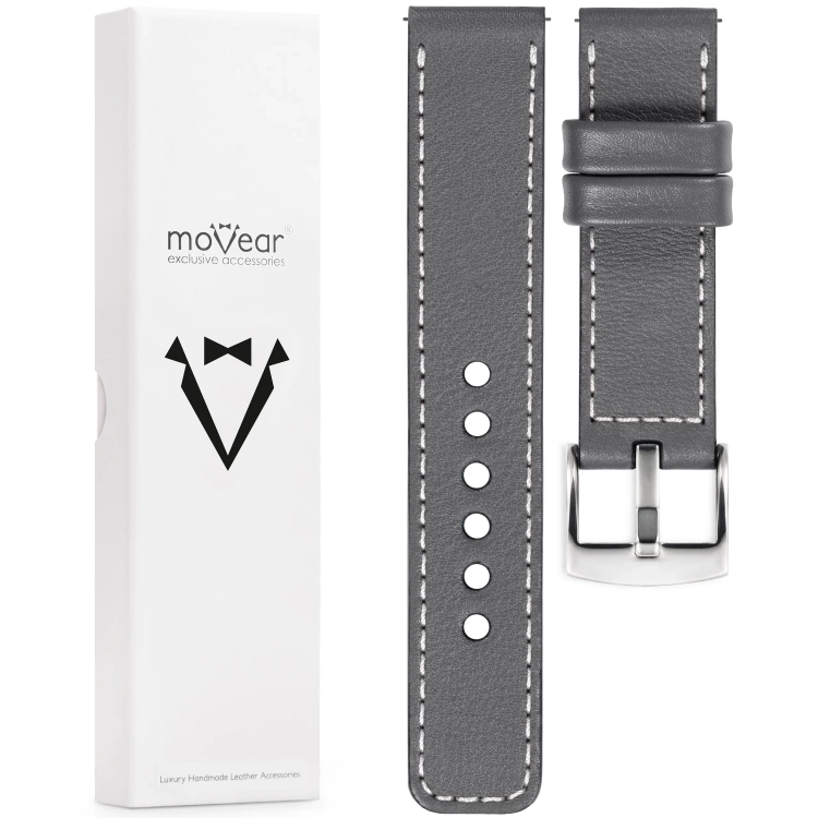 moVear Prestige C1 Skórzany pasek 22mm do zegarka | Szary, białe przeszycie [rozmiary XS-XXL i klamra do wyboru]