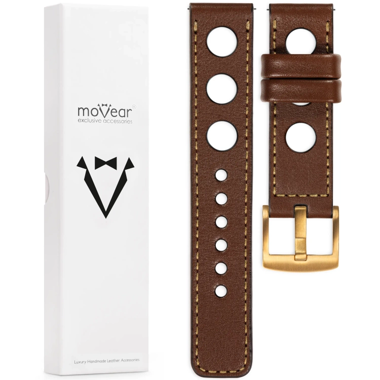 moVear Prestige R1 Skórzany pasek 22mm do zegarka | Ciemnobrązowy, złote przeszycie [rozmiary XS-XXL i klamra do wyboru]
