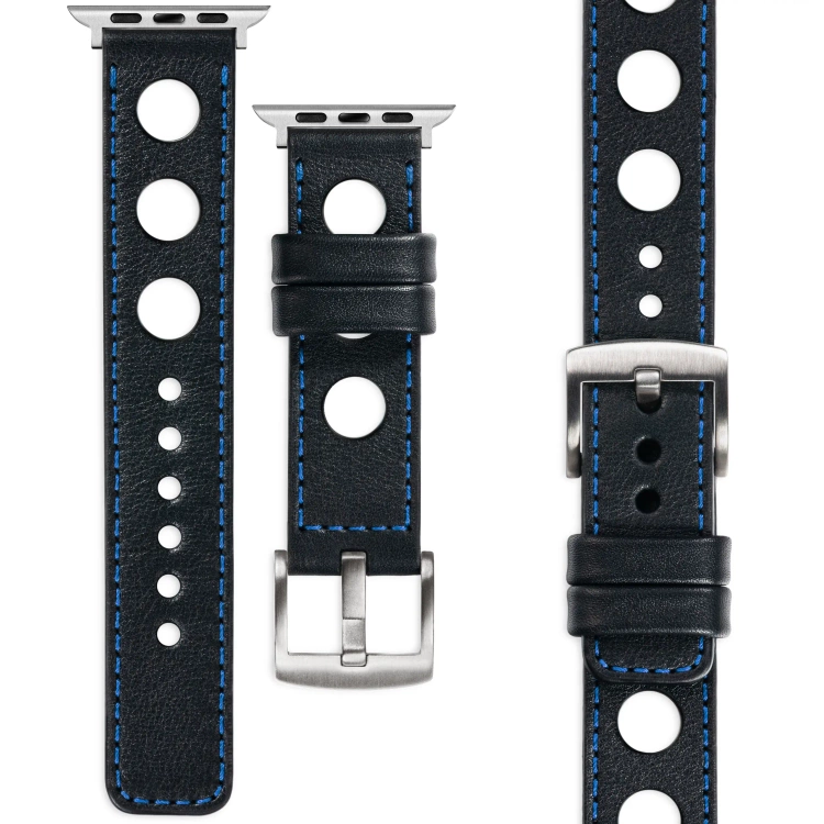 moVear Prestige R1 Skórzany pasek 22mm do Apple Watch 10 / 9 / 8 / 7 / 6 / 5 / 4 / SE (42/41/40mm) | Czarny, niebieskie przeszycie [rozmiary XS-XXL i klamra do wyboru]