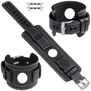 moVear Prestige CW1 Szeroki skórzany pasek 24mm do Apple Watch 10 / 9 / 8 / 7 / 6 / 5 / 4 / SE (46/45/44mm) & Ultra (49mm) | Czarny, białe przeszycie [rozmiary XS-XXL i klamra do wyboru]