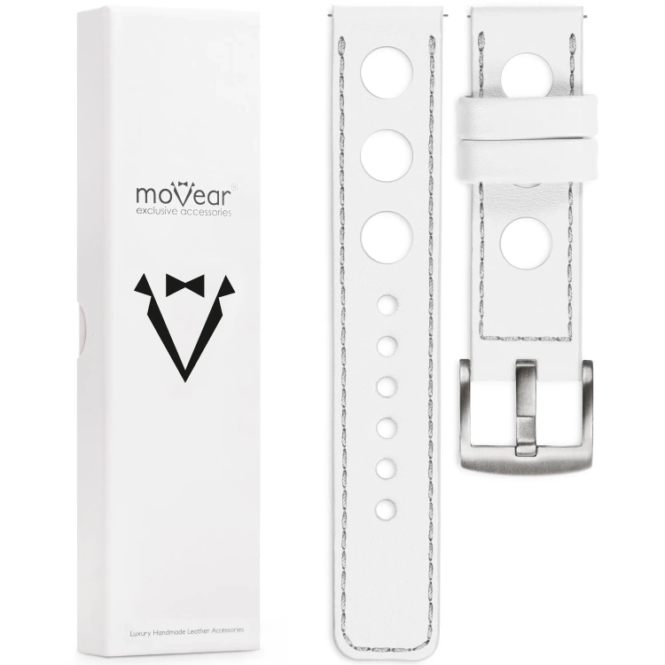 moVear Prestige R1 Skórzany pasek 22mm do zegarka | Biały, srebrne przeszycie [rozmiary XS-XXL i klamra do wyboru]