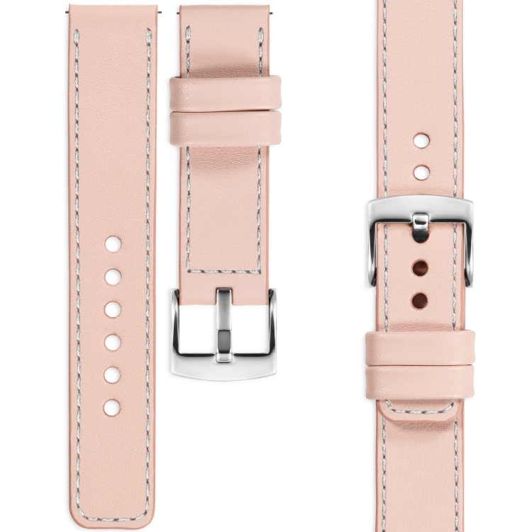 moVear Prestige C1 Skórzany pasek 20mm do zegarka | Różowy cielisty, srebrne przeszycie [rozmiary XS-XXL i klamra do wyboru]
