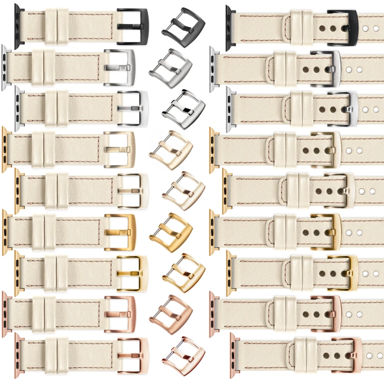 moVear Prestige C1 Skórzany pasek 22mm do Apple Watch 10 / 9 / 8 / 7 / 6 / 5 / 4 / SE (46/45/44mm) & Ultra (49mm) | Beżowy, różowe złoto przeszycie [rozmiary XS-XXL i klamra do wyboru]
