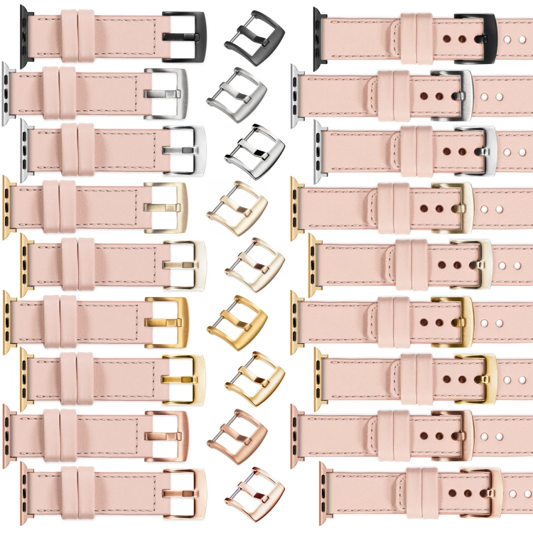 moVear Prestige C1 Skórzany pasek 20mm do Apple Watch 10 / 9 / 8 / 7 / 6 / 5 / 4 / SE (46/45/44mm) & Ultra (49mm) | Różowy cielisty, różowe cieliste przeszycie [rozmiary XS-XXL i klamra do wyboru]