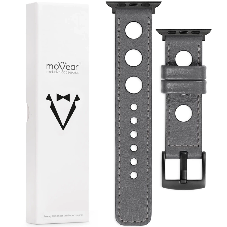 moVear Prestige R1 Skórzany pasek 22mm do Apple Watch 10 / 9 / 8 / 7 / 6 / 5 / 4 / SE (42/41/40mm) | Szary, szare przeszycie [rozmiary XS-XXL i klamra do wyboru]