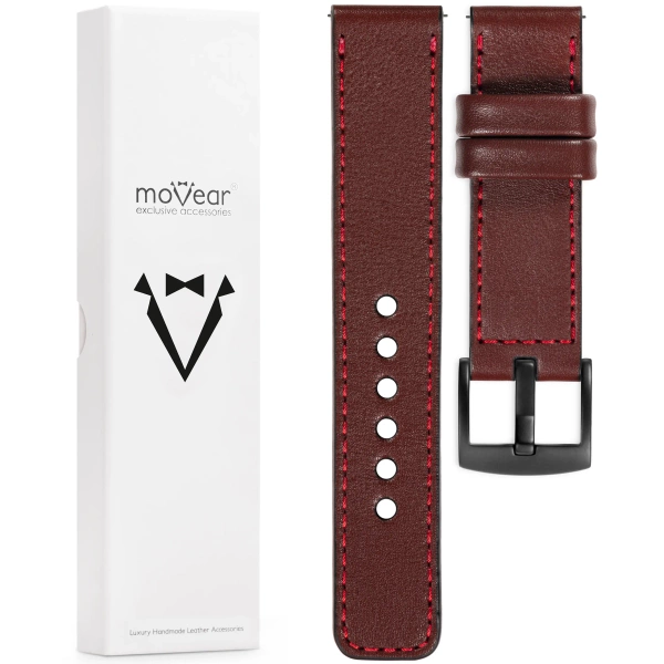 moVear Prestige C1 Skórzany pasek 22mm do zegarka | Kasztanowy, czerwone przeszycie [rozmiary XS-XXL i klamra do wyboru]