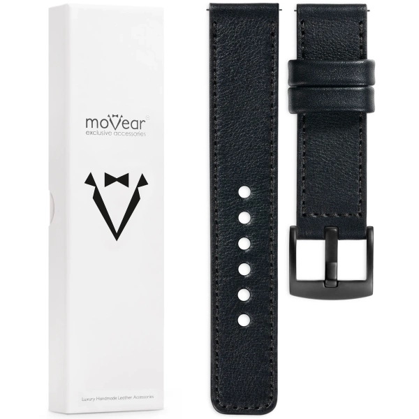 moVear Prestige C1 Skórzany pasek 22mm do Samsung Galaxy Watch 3 (45mm) / Watch (46mm) / Gear S3 | Czarny, czarne przeszycie [rozmiary XS-XXL i klamra do wyboru]