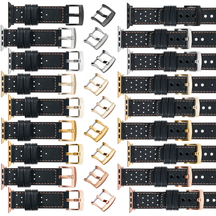moVear Prestige R2 Skórzany pasek 20mm do Apple Watch 10 / 9 / 8 / 7 / 6 / 5 / 4 / SE (42/41/40mm) | Czarny, różowe złoto przeszycie [rozmiary XS-XXL i klamra do wyboru]