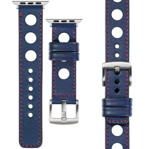 moVear Prestige R1 Skórzany pasek 24mm do Apple Watch 10 / 9 / 8 / 7 / 6 / 5 / 4 / SE (46/45/44mm) & Ultra (49mm) | Granatowy, czerwone przeszycie [rozmiary XS-XXL i klamra do wyboru]