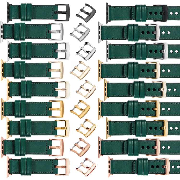 moVear Prestige C1 Skórzany pasek 22mm do Apple Watch 10 / 9 / 8 / 7 / 6 / 5 / 4 / SE (46/45/44mm) & Ultra (49mm) | Zielony butelkowy, grafitowe przeszycie [rozmiary XS-XXL i klamra do wyboru]