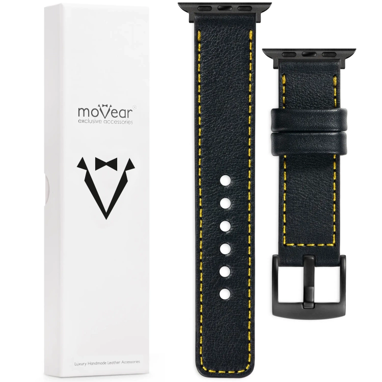 moVear Prestige C1 Skórzany pasek 22mm do Apple Watch 10 / 9 / 8 / 7 / 6 / 5 / 4 / SE (42/41/40mm) | Czarny, żółte przeszycie [rozmiary XS-XXL i klamra do wyboru]