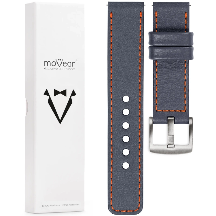 moVear Prestige C1 Skórzany pasek 22mm do zegarka | Szary stalowy, ciemnopomarańczowe przeszycie [rozmiary XS-XXL i klamra do wyboru]