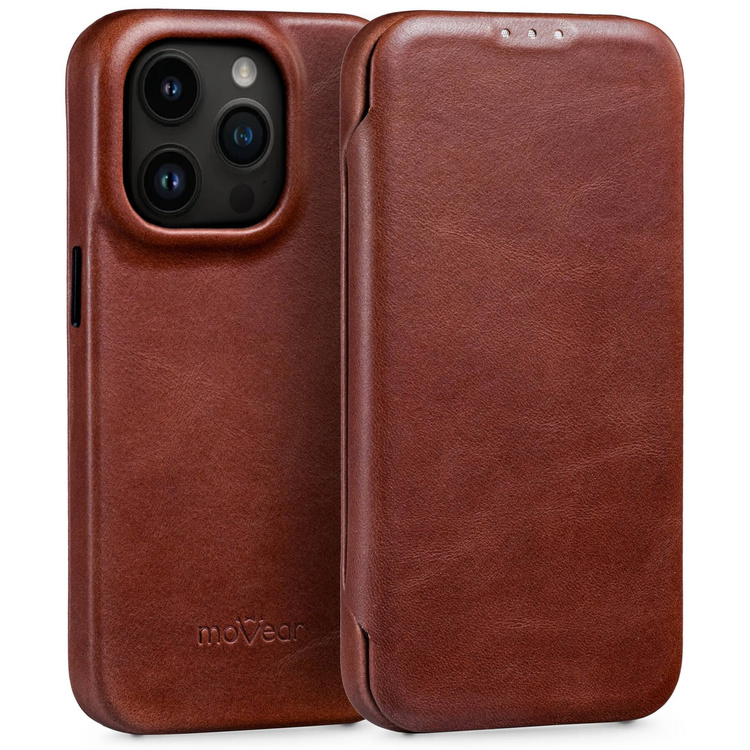 moVear flipSide 4S skórzane etui do Apple iPhone 14 Pro Max (6.7") | Skóra naturalna olejowana (Kasztanowy brązowy)